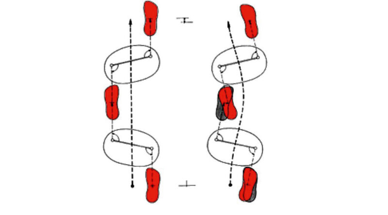 Gangschema: links Twister, rechts RGO. Beim Twister bleiben die Füße durch die Beckenrotation in Gehrichtung.