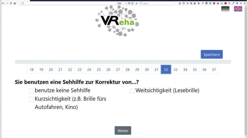 Darstellung eines webbasierten Fragebogens in der zentralen „VReha“-Benutzerschnittstelle.