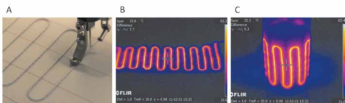 Aufsticken einer isolierten Edelstahlfaser für ein Heiztextil (A) und dessen Infrarotbilder durch die Aufnahme mit einer Wärmebildkamera im abgewickelten (B) und drapierten (C) Zustand.