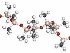 Silikonmolekül (PDMS). Sauerstoff wird durch rote, Silizium durch gelbe Kugeln symbolisiert (©iStock.com/mediagrafik).
