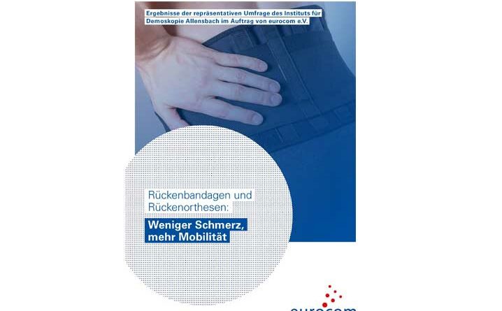 Das Cover der Broschüre „Weniger Schmerz, mehr Mobilität“ zur Nutzung und Wirkung von Rückenbandagen und Rückenorthesen.