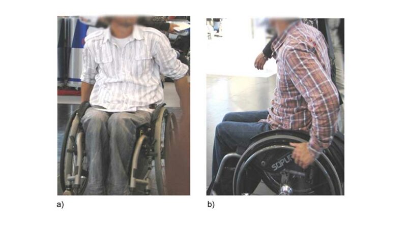 Adäquate Rollstuhlanpassungen hinsichtlich Restfunktionen und Ergonomie; a) Tetraplegiker; b) Paraplegiker.