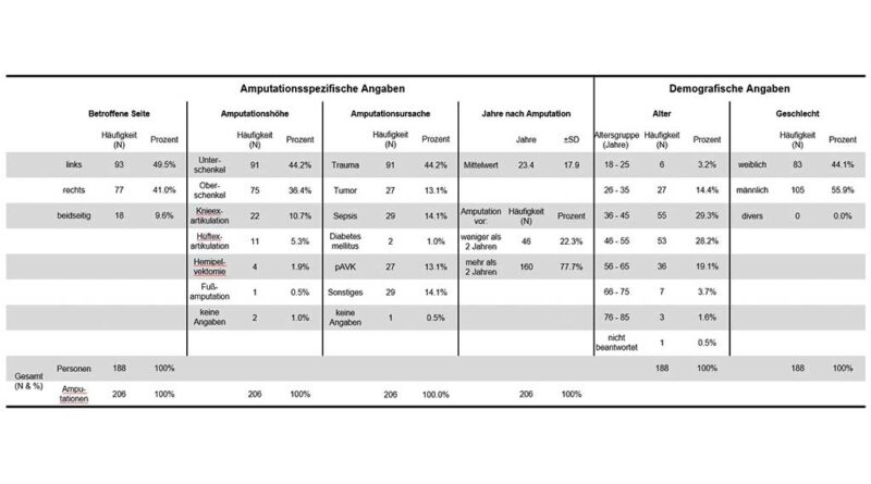 Demografische und amputationsspezifische Angaben der teilnehmenden Personen.