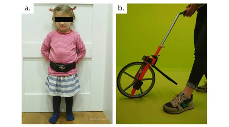 Eingesetzte Messgeräte; a) 3-jähriges Kind, das einen Actibelt© trägt; b) Goldstandard: portables Messrad.