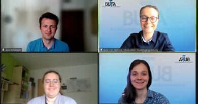 Auch in diesem Jahr luden die BUFA und die FH Dortmund online zum Tag des Studiengangs ein. Dr. Ann-Kathrin Hömme (oben rechts), Leiterin des Studiengangs Orthopädie- und Rehabilitationstechnik, und ihre Stellvertreterin Juliana Ditsche (unten rechts) begrüßten als Referent:innen Dr. Jens Scheidgen (oben links), Assistenzarzt in der orthopädischen Chirurgie am Klinikum Dortmund, und Masterabsolventin Gina Steguweit.