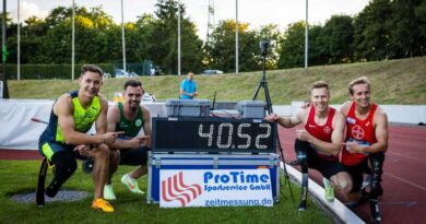 Gleich drei Weltrekorde wurden beim Para-Leichtathletik-Gastspiel in Leverkusen pulverisiert. Ein Teil der Erfolgsgeschichte war die Staffel von (v.l.): Felix Streng, Phil Grolla, Markus Rehm und Johannes Floors .