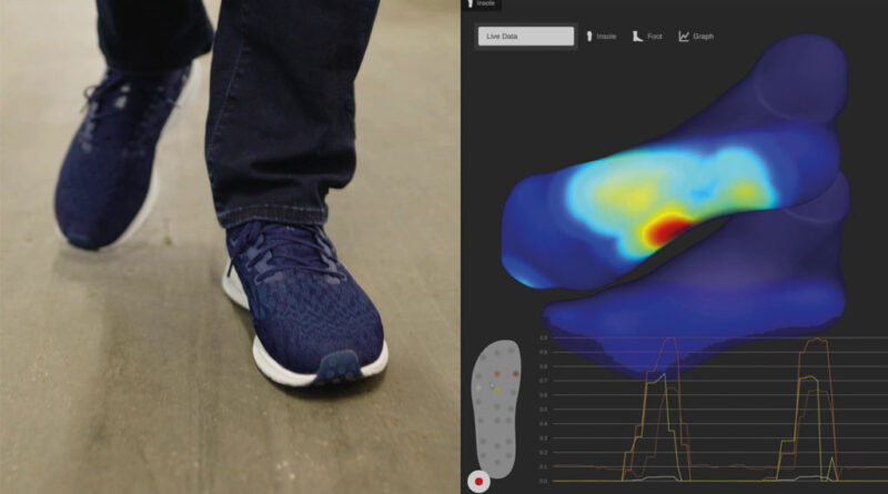 Analysesoftware mit farblicher Darstellung der Druckverteilung am jeweiligen Fuß (Mitte) sowie zeitlicher Darstellung der einzelnen Sensoren (unten). Foto: sendance GmbH