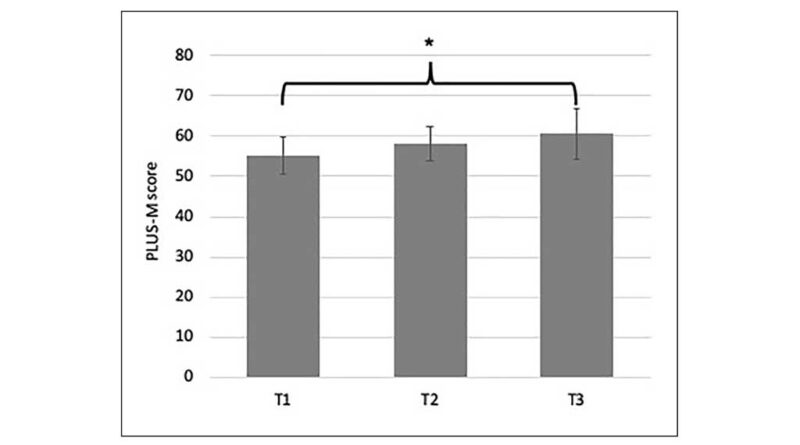 PLUS-M-Scores für T1, T2 und T3; PLUS-M: Mobilitätsumfrage unter Prothesenträgern, 12-Item-Kurzformular; SD: Standardabweichung. Fehlerbalken stellen 1 SD dar. *P < 0,05