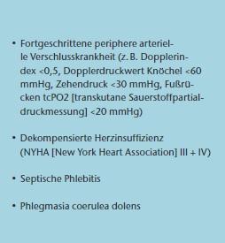 Kontraindikationen zur Kompressionstherapie; modifiziert nach Rabe E et al. Deutsche Gesellschaft für Phlebologie e. V. (DGP). S2k-Leitlinie: Medizinische Kompressionstherapie der Extremitäten mit Medizinischem Kompressionsstrumpf (MKS), Phlebologischem Kompressionsverband (PKV) und Medizinischen adaptiven Kompressionssystemen (MAK). Stand 31.12.2018. AWMF-Registernummer: 037/005