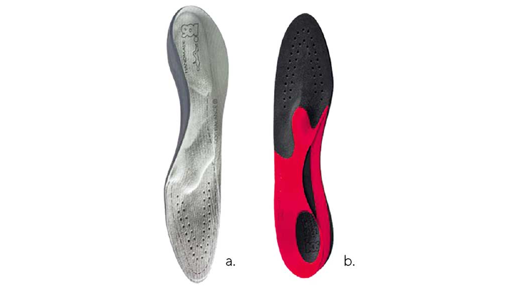 Darstellung der orthopädischen Einlagenversorgung. Alltag (DOC| Balance) (a), Sport (FEET-BACK) (b).