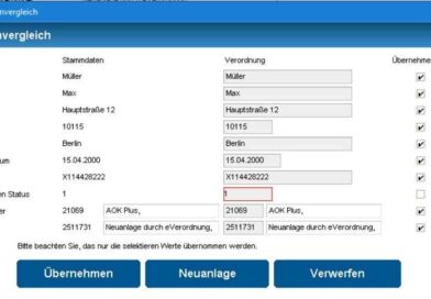 Die Daten der Verordnung werden mit den Stammdaten abgeglichen. Der Screenshot wurde während des qualitativen Tests des eVO-Pilotprojekts im SC Sanitätshaus Carstens GmbH (Unternehmensgruppe Auxilium) aufgenommen.
