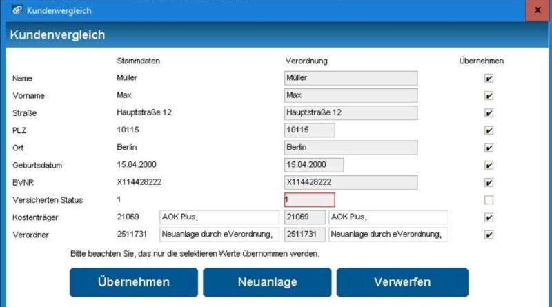 Die Daten der Verordnung werden mit den Stammdaten abgeglichen. Der Screenshot wurde während des qualitativen Tests des eVO-Pilotprojekts im SC Sanitätshaus Carstens GmbH (Unternehmensgruppe Auxilium) aufgenommen.