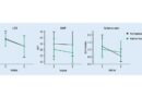 Effekte der Kompressionstherapie auf den Lesion Severity Score (LSS), die lokal betroffene Körperoberfläche (KOF) in Prozent und die von den Patienten berichteten Schmerzen. Die vertikalen Linien geben das 95-Prozent-Konfidenzintervall des Mittelwerts an.