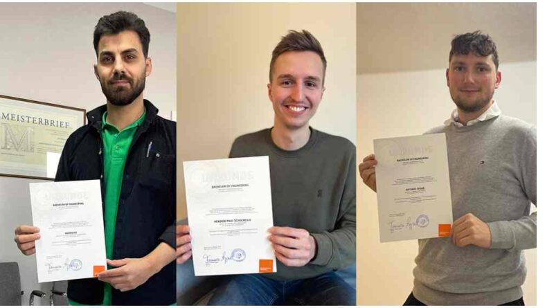 Huzifa Ali, Hendrik Schöneich und Antonio Spank (v. l.) haben ihr Studium an der Bufa erfolgreich abgeschlossen.