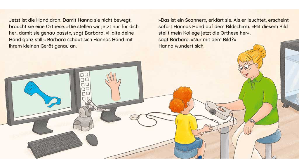 Sowohl das klassische Handwerk als auch moderne Fertigungs­methoden werden innerhalb der Geschichte berücksichtigt: Während Hanna für ihr Fußgelenk eine konfektionierte Orthese erhält, wird die Orthese für ihr ­Handgelenk digital erstellt. Grafik: Carlsen Verlag